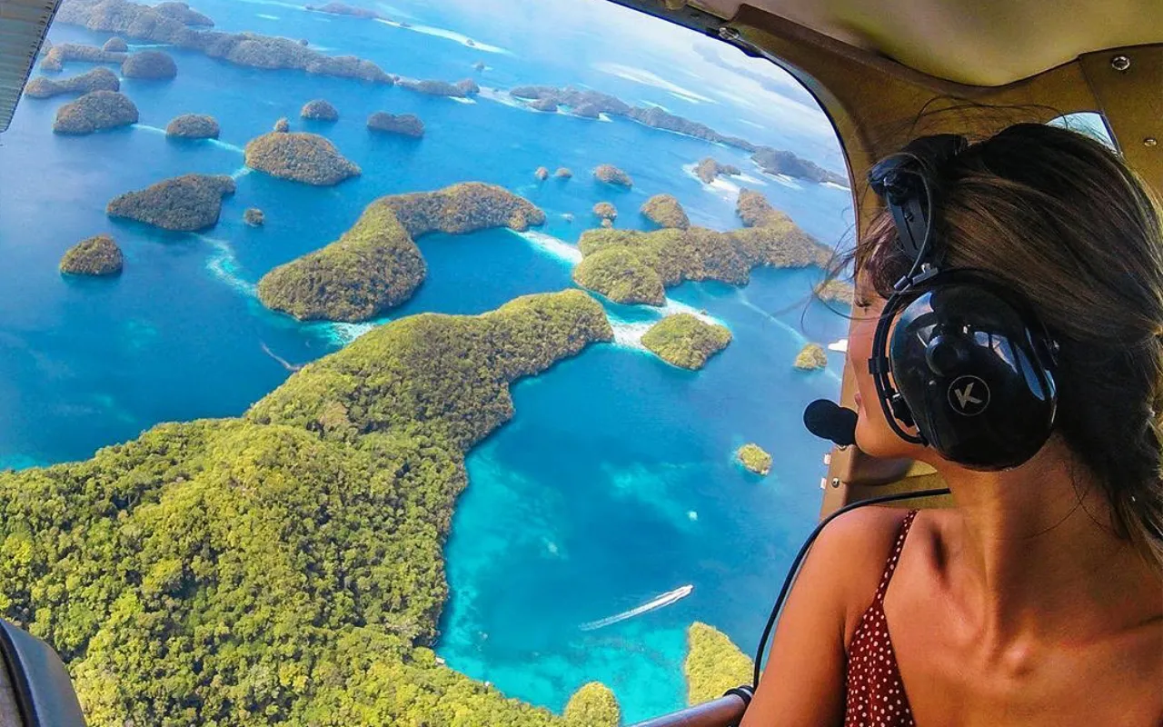 aerial photo of a scenic flight over Palau's Rock Islands