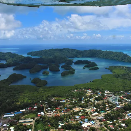 aerial view of Koror in Palau and surrounding Rock Islands